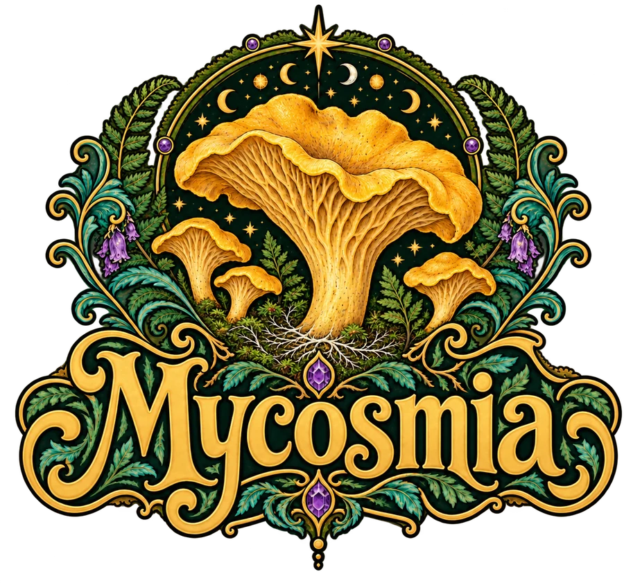 Mycosmia emblem: golden chanterelles rising from moss and mycelium under a night sky of moons and stars, framed in ferns and gold filigree